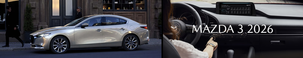 Mazda3 claire et vue du tableau de bord, avec la mention Mazda3 2026.