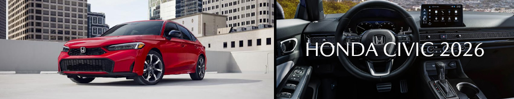 Honda Civic rouge et vue du tableau de bord, avec la mention Honda Civic 2026.